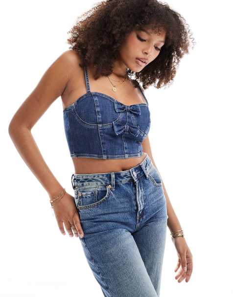 Miss Selfridge denim bow cami top in mid wash blue - view 1