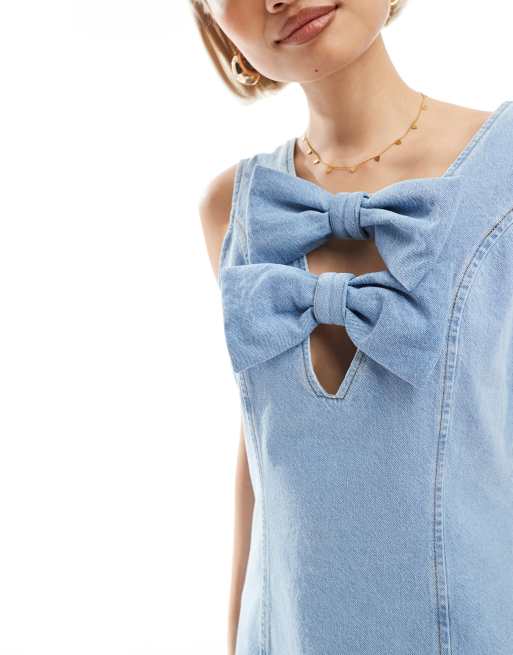 Miss Selfridge denim bow front dress in light blue wash , 3 of 4