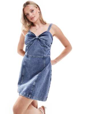 denim bow front dress in light blue