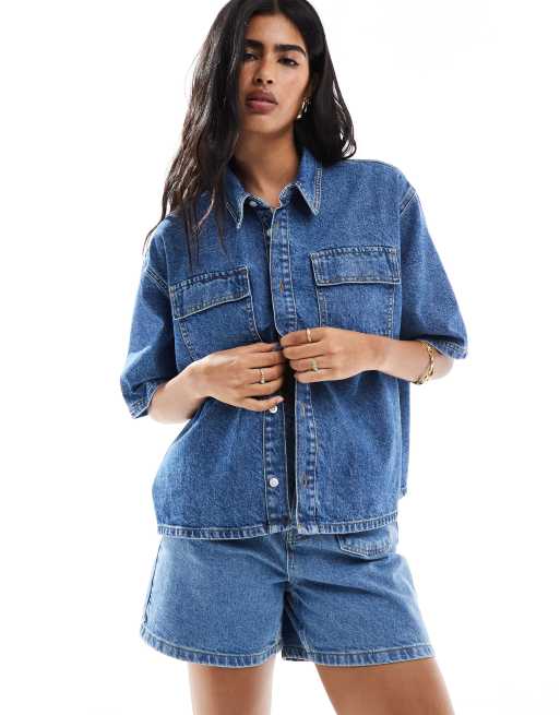 Miss Selfridge denim boxy shirt in bleach wash