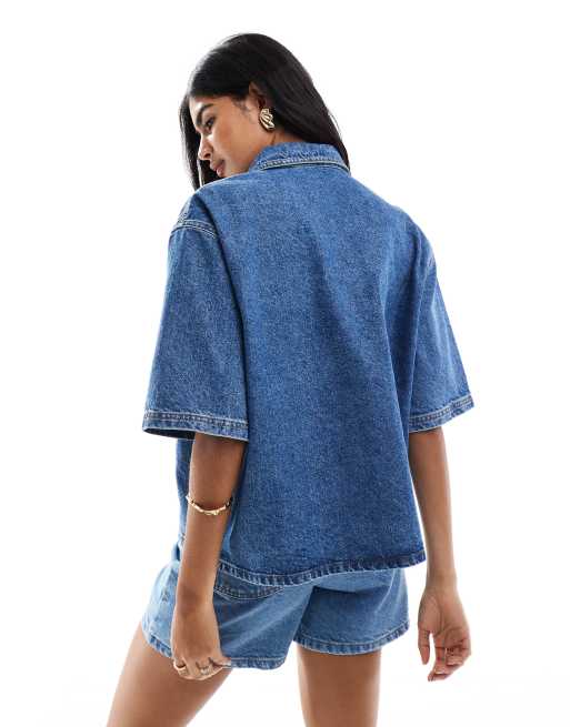 Miss Selfridge denim boxy shirt in mid blue wash