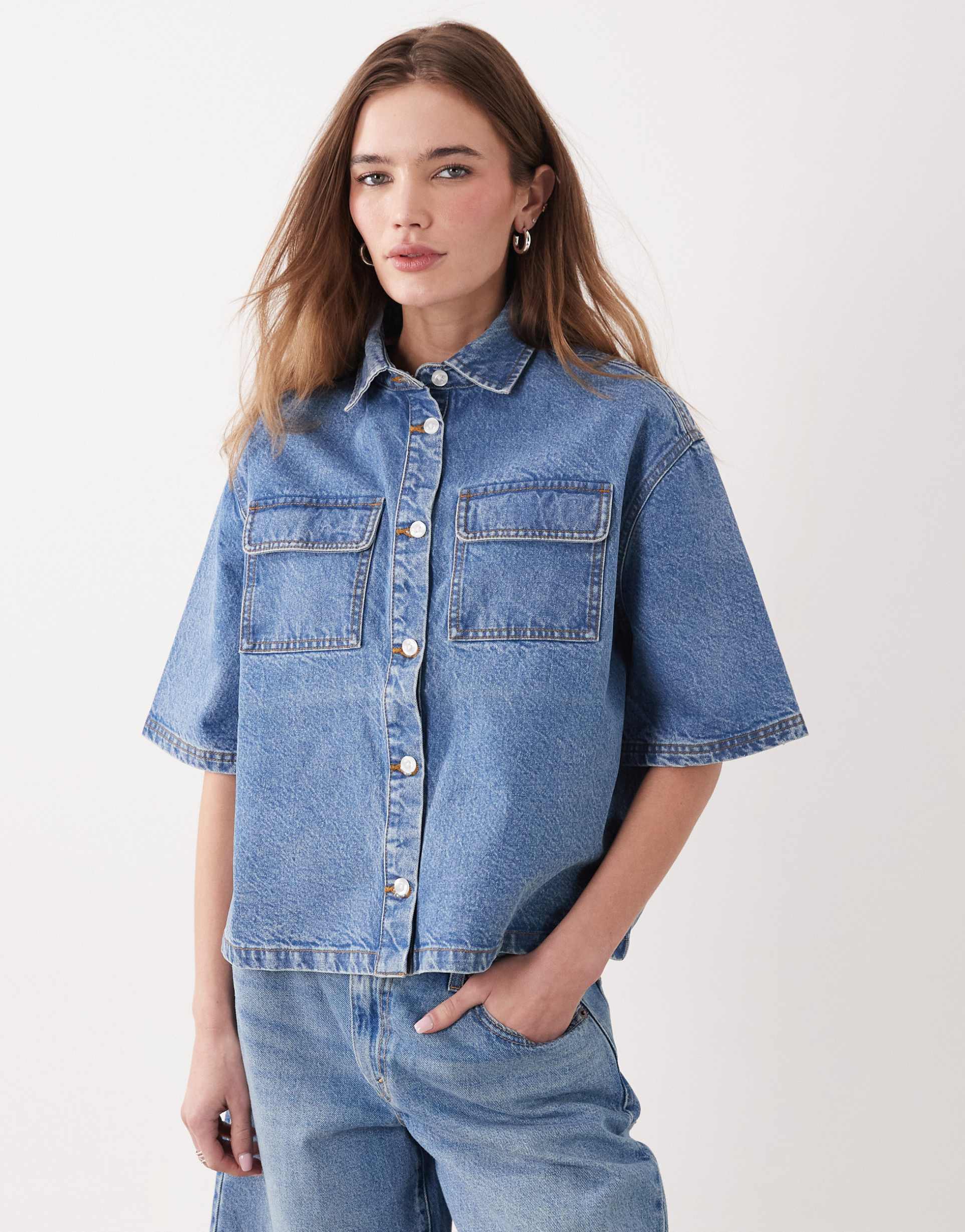 miss selfridge denim boxy shirt in mid blue wash