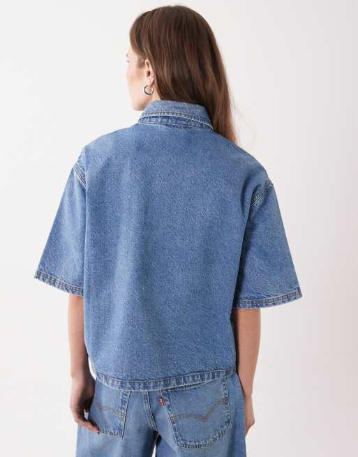 Miss Selfridge denim boxy shirt in mid blue wash, 2 of 4