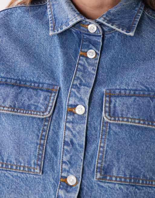 Miss Selfridge denim boxy shirt in mid blue wash, 4 of 4