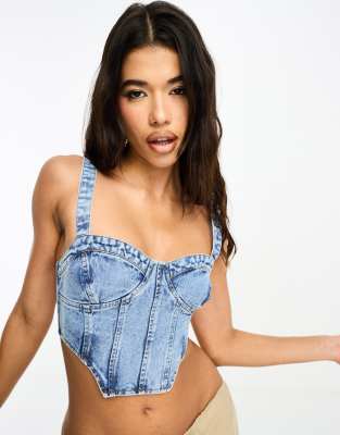 Miss Selfridge - Denim-Bustier im Korsett-Stil in Bleichwaschung mit Kontrastnähten-Blau