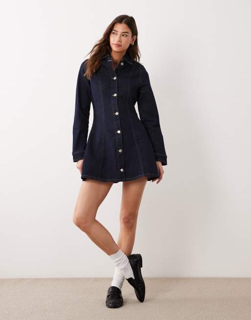 Miss Selfridge denim button through cinched waist mini dress in indigo, 2 of 4