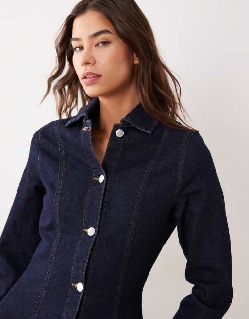 Miss Selfridge denim button through cinched waist mini dress in indigo, 3 of 4