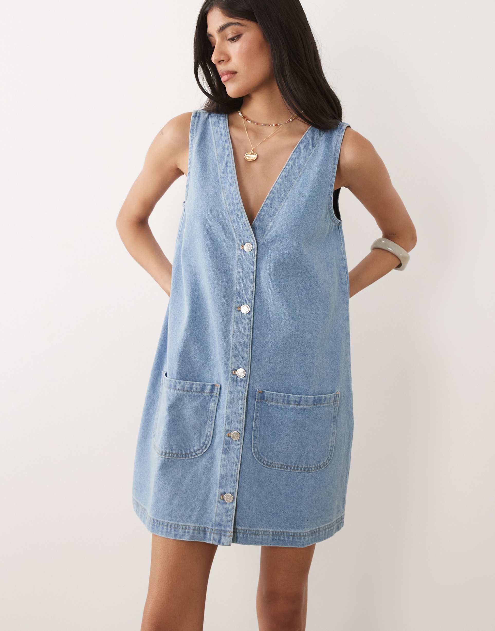 miss selfridge denim button through shift dress in light blue wash