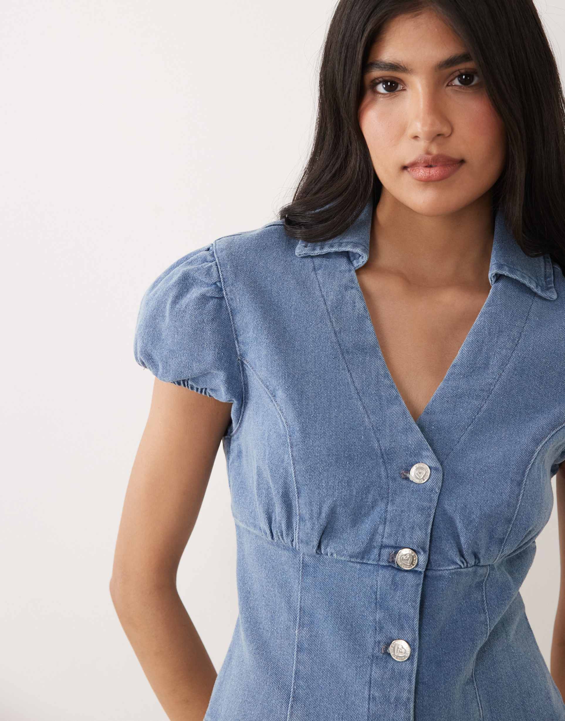 miss selfridge denim cap sleeve shirt in mid blue wash