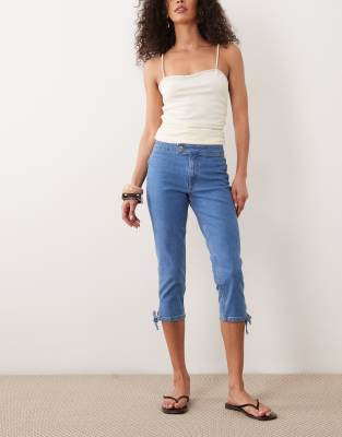 Miss Selfridge Denim Capri Pants With Bows In Blue