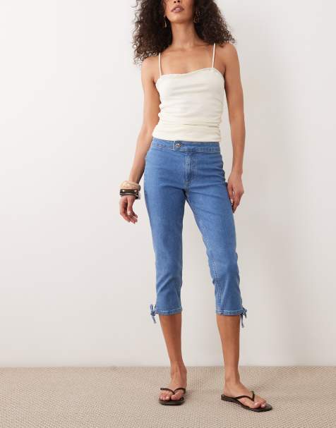 Miss Selfridge denim capri pants with bows in mid blue wash - view 1