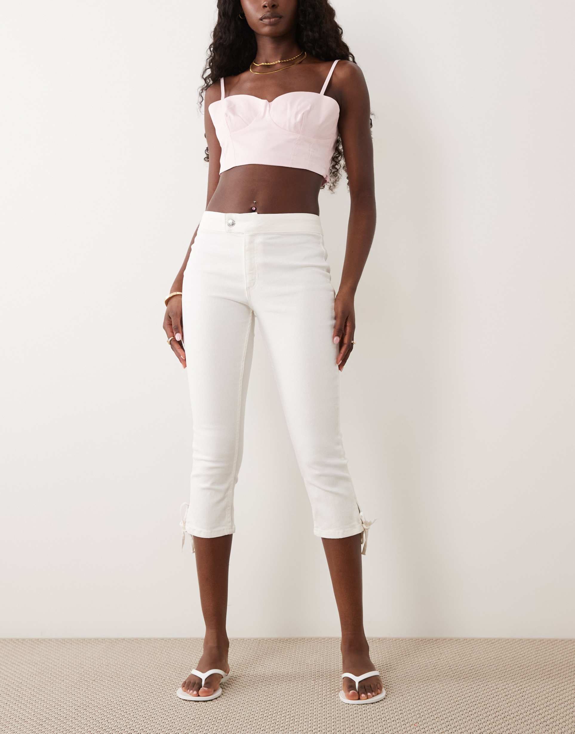 miss selfridge denim capri with bows in cream wash