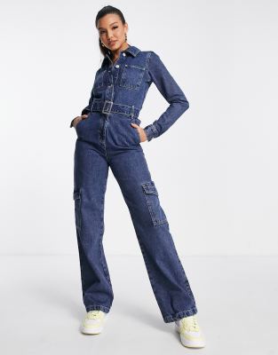 Miss Selfridge denim cargo boiler suit in dark wash blue | ASOS