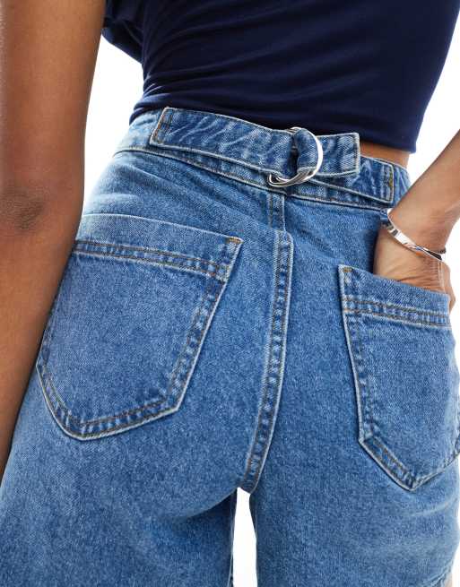 Miss Selfridge denim cinched back short in mid wash