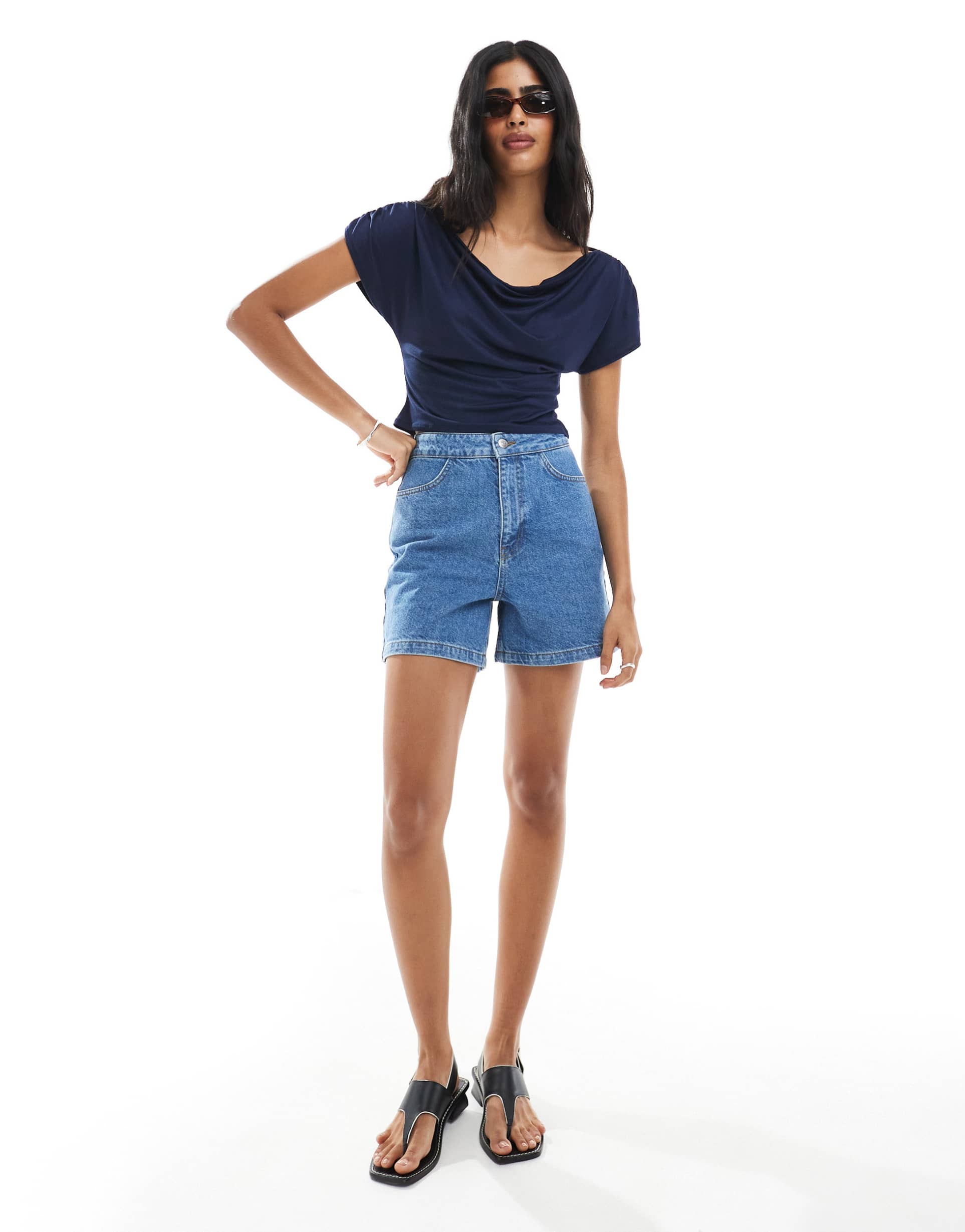 miss selfridge denim cinched back shorts in mid wash