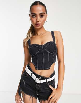 Miss Selfridge satin wide strap corset top in black