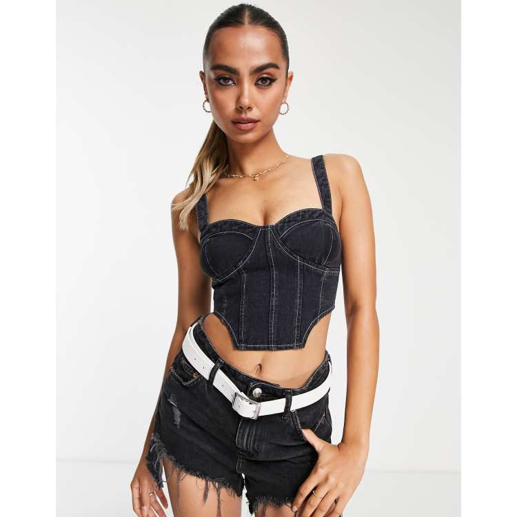 Black Contrast Seam Detail Denim Corset Top