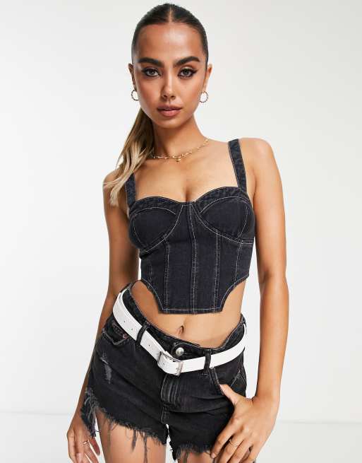 CORSET STYLE DENIM TOP TRF - Black