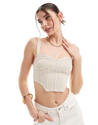 Miss Selfridge denim corset bralet top in stone-White