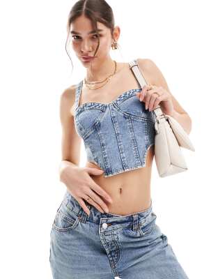 Miss Selfridge Denim Corset Top In Mid Wash-white In Blue