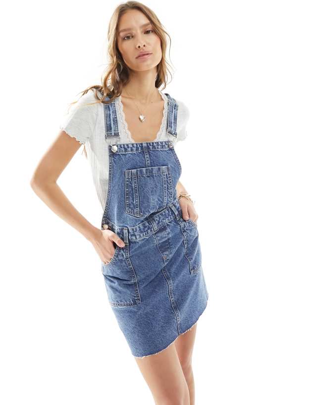 Miss Selfridge - denim dungaree dress with frey hem in blue wash