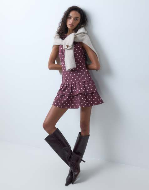 Miss Selfridge denim frill hem shift dress in burgundy and pink polka dot