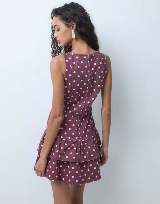 Miss Selfridge denim frill hem shift dress in chocolate polka dot, 4 of 5