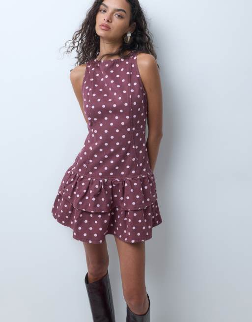 Miss Selfridge denim frill hem shift dress in chocolate polka dot, 5 of 5