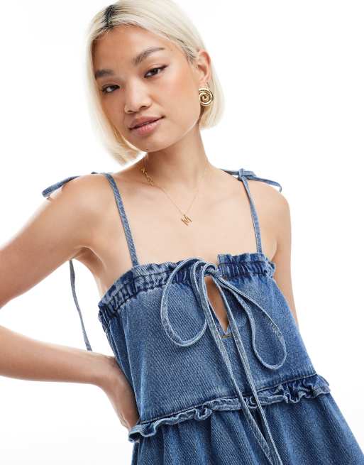 Miss Selfridge denim frill swing dress in mid wash-Blue