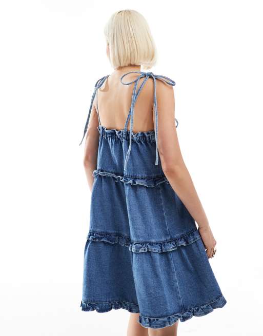 Miss Selfridge denim frill swing dress in mid wash