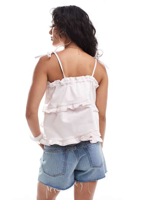Miss Selfridge denim frill swing top in light pink wash, 4 of 4