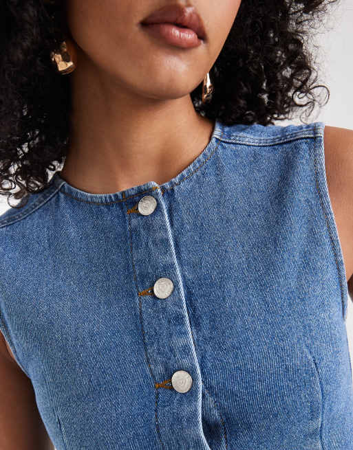 Miss Selfridge - Denim gilet met lange pasvorm in blauw met wassing, 4 van 4