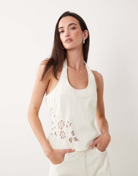 Miss Selfridge - Denim haltertop met uitsnijdingen in ecru - view 1