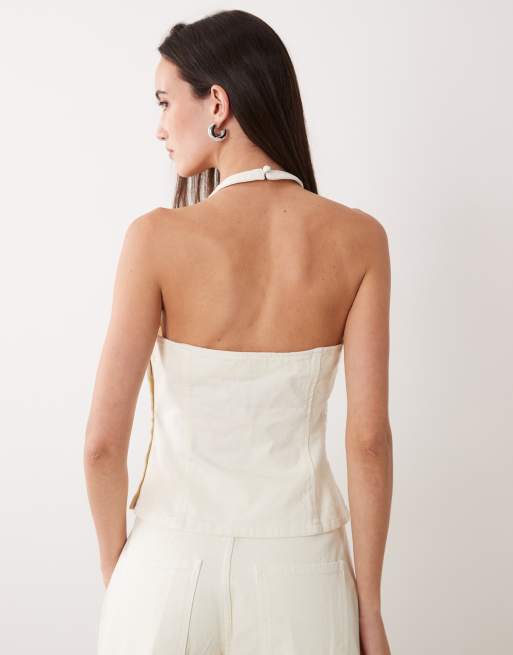 Miss Selfridge - Denim haltertop met uitsnijdingen in ecru, 4 van 4
