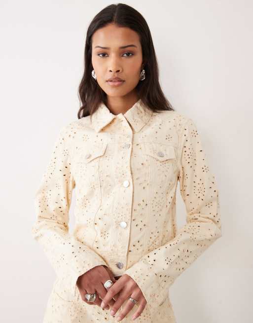 Miss Selfridge - Denim jack met broderie in lichtgeel met wassing, 2 van 4