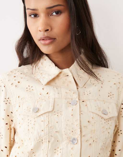 Miss Selfridge - Denim jack met broderie in lichtgeel met wassing, 3 van 4