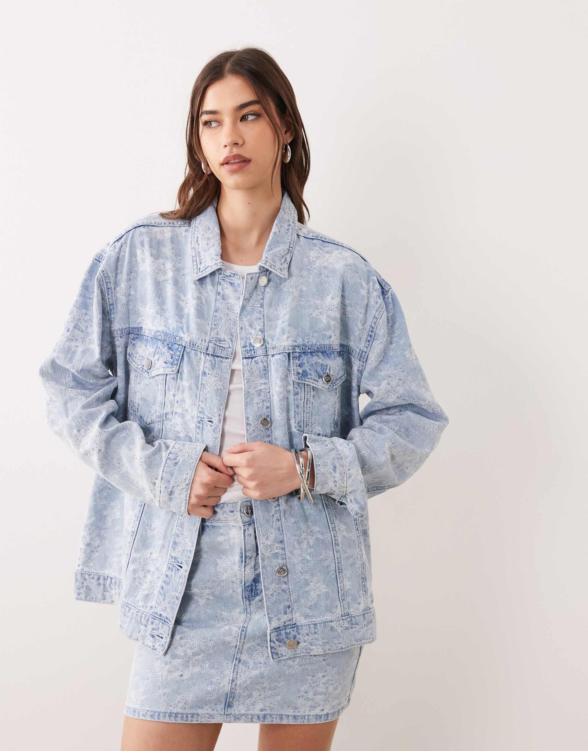 miss selfridge denim jacket with floral detail in blue wash - part of a set