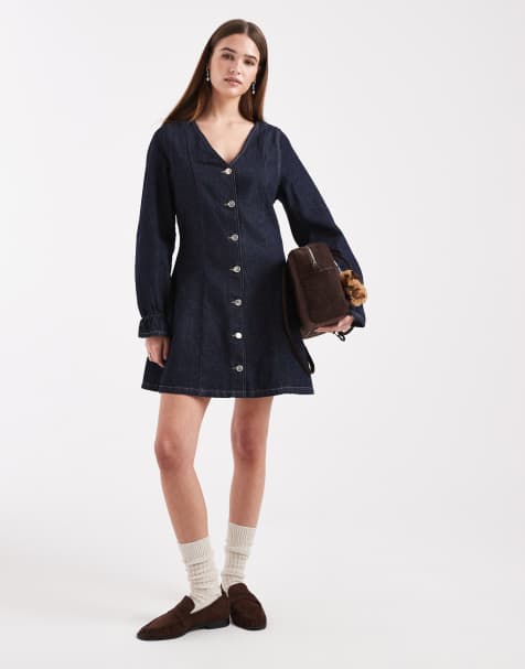 Miss Selfridge - Denim jurk met lange mouwen in indigo wassing - view 1