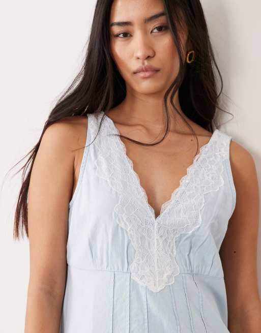 Miss Selfridge - Denim jurk van chambray met kant in blauwe wassing, 4 van 4
