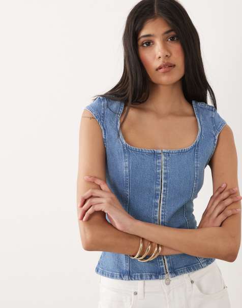 Miss Selfridge – Denim-Korsettoberteil in mittelblauer Waschung - view 1