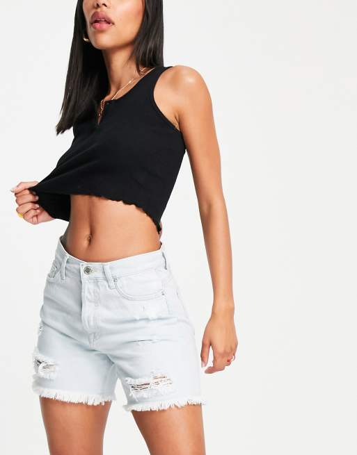 Miss Selfridge denim longline short in bleach blue