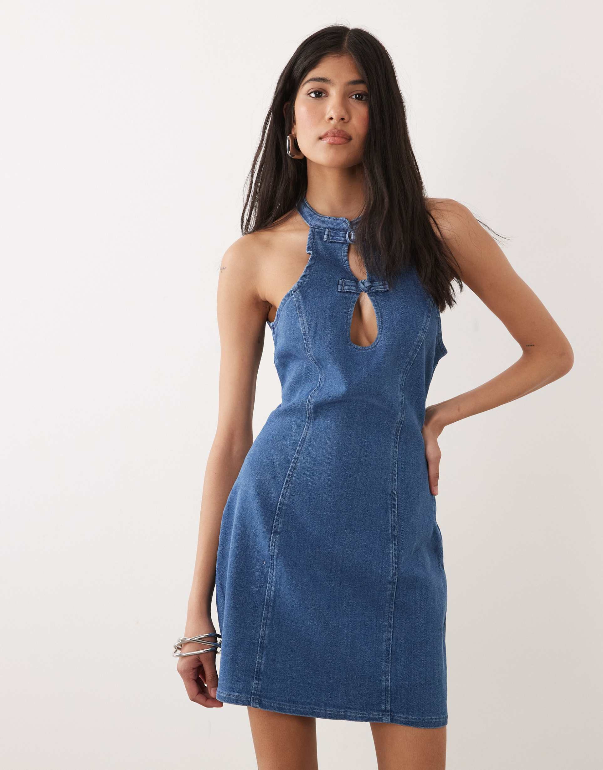 miss selfridge denim mandarin mini dress in indigo
