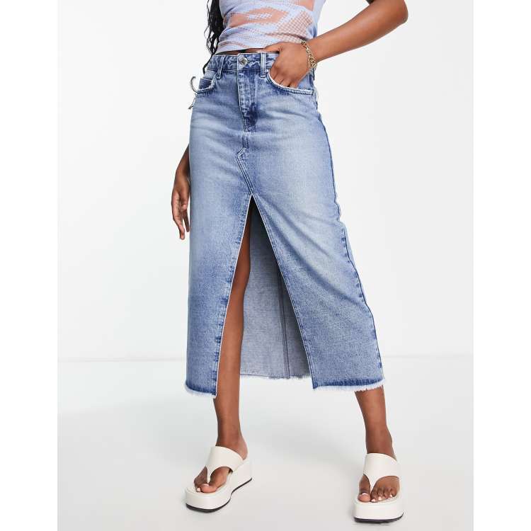 Miss Selfridge denim midi skirt in mid wash