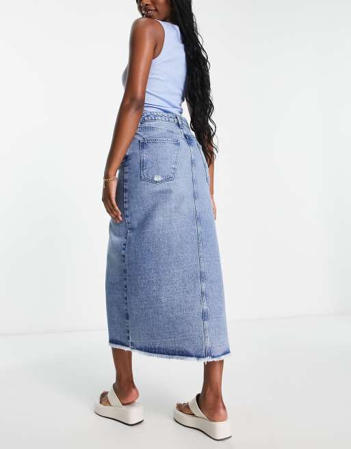 Miss Selfridge denim midi skirt in mid wash