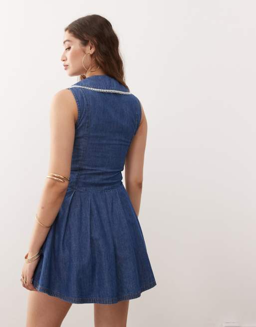 Miss Selfridge - Denim mini-jurk met matrozenkraag en picotrandje, 4 van 4