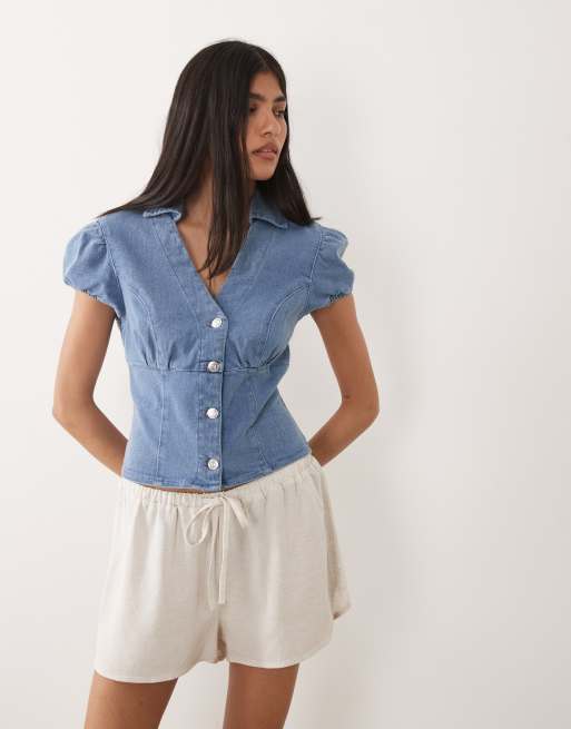 Miss Selfridge - Denim overhemd met kapmouwtjes in middenblauwe wassing, 3 van 4