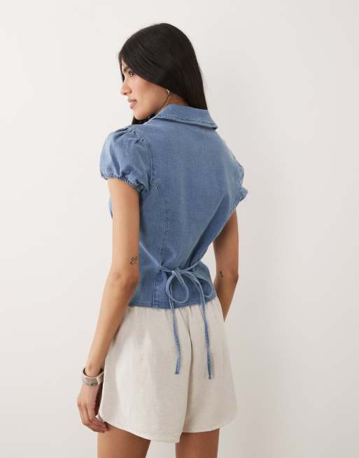 Miss Selfridge - Denim overhemd met kapmouwtjes in middenblauwe wassing, 4 van 4