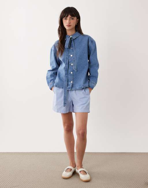 Miss Selfridge - Denim overhemd met lange mouwen en strik, 2 van 4