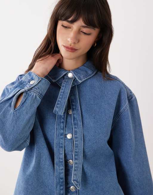 Miss Selfridge - Denim overhemd met lange mouwen en strik, 3 van 4