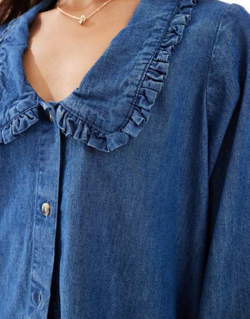 Miss Selfridge - Denim overhemd met ruches aan de kraag in mid-wash, 4 van 4